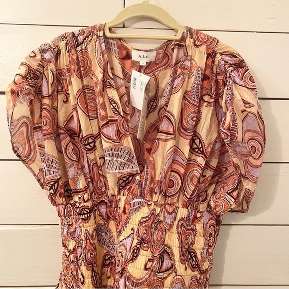 NEW A.L.C Luna Smocked Dress Nude Peach Multi 12 - Picture 8 of 16